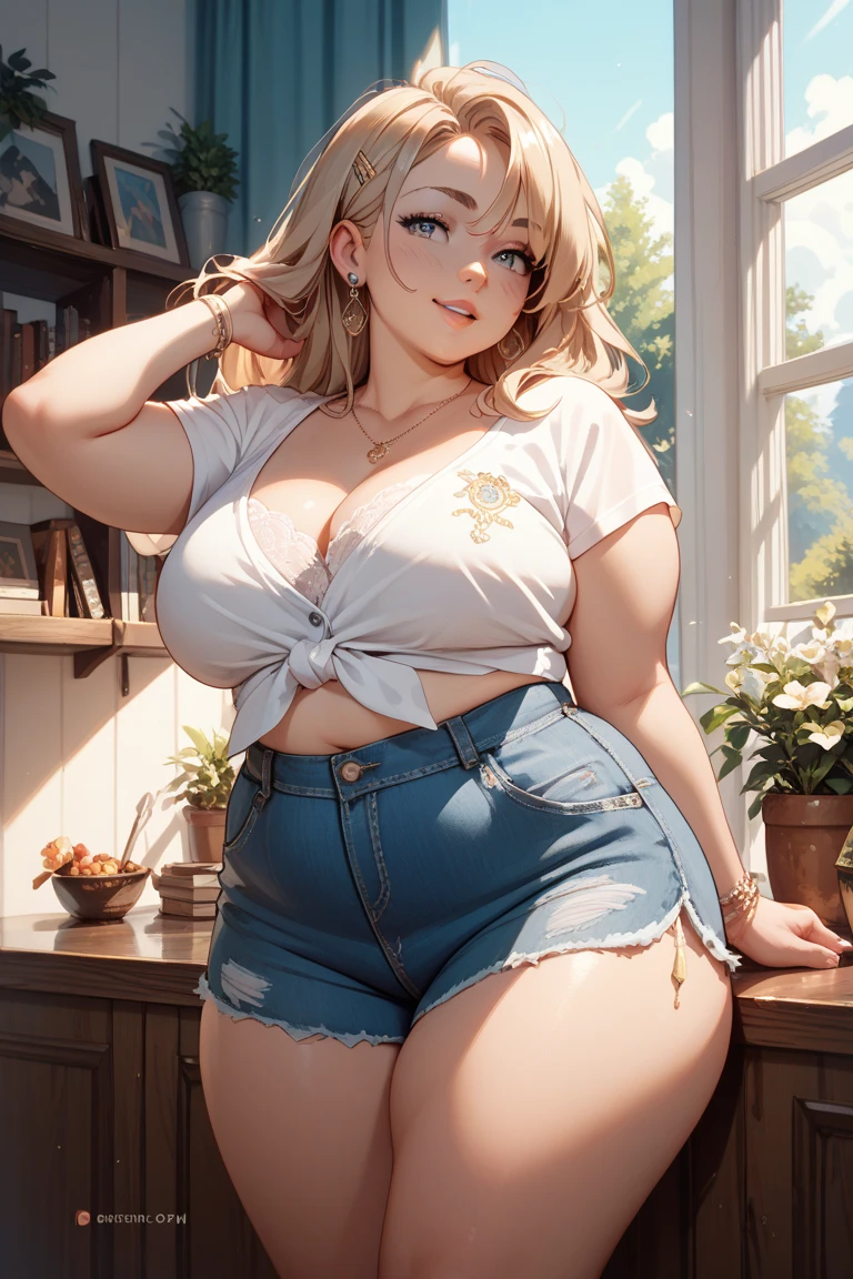 ((masterpiece, best quality;1.3)), ultra detailed, 8k unity wallpapers, CG, ray tracing, illustration, colorful, cinematic shadow, extremely detailed and beautiful background,vhd, shadering VRay,RT, breathtaking beautiful mature woman, (slutty face:1.2), blonde hair and pink highlights,pink eyes, hoop earrings , naughty smile,(big sagging breasts),wide hips, big ass, (micro White shirt  with wide open chest:1.2), (micro denim shorts:1.3) , black thigh high socks, looking at viewer, facing the viewer,full-face blush,standing in front , sexy pose,cowboy shot, classroom ,glowing, glowing light, ultra detailed, scenic, atmospheric