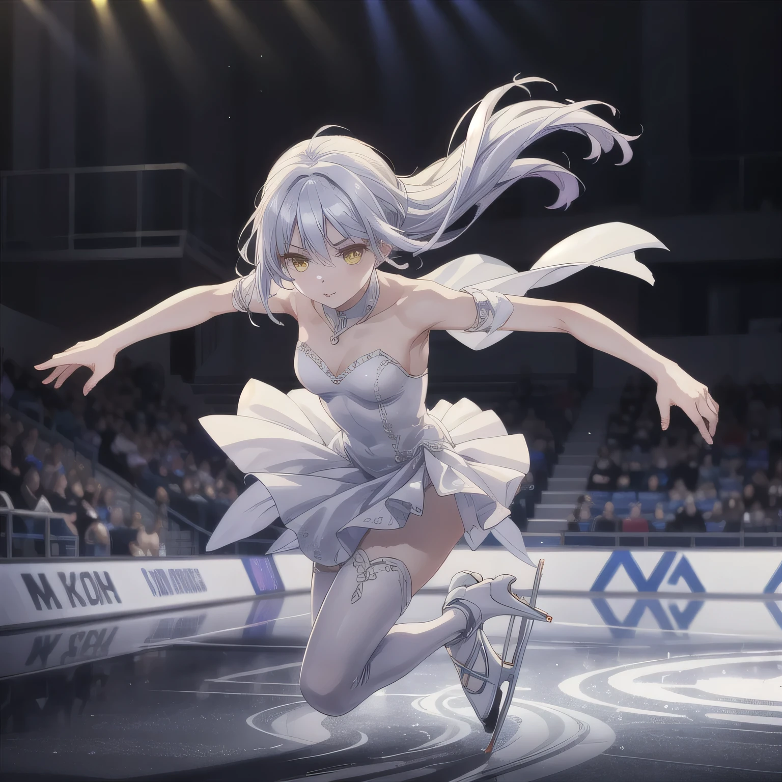 Depict a 20-year-old, stunningly beautiful woman gracefully gliding across the ice in a grand skating arena. She wears an elegant and intricately designed figure skating dress, adorned with shimmering details that reflect the arena lights. Her expression is serene yet focused, her movements fluid and dynamic, capturing the poise and strength of a professional skater. The background features a vast ice rink with soft lighting, enhancing the elegance of the scene. White hair, long hair, yellow eyes.