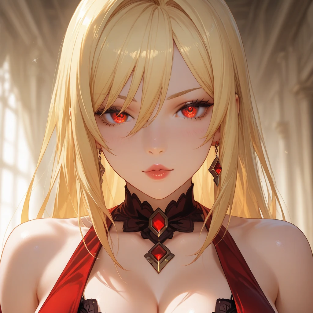 (Masterpiece, Best Quality:1.4), (Highres), (Hyper Detailed:1.4), (Digital Art:1.2), 4K, (Ornate:1.2),
Indoors, Renaissance, Vintage Windows,
1Girl, Solo,
(Face Focus:1.4),
(Very Long Blonde High Ponytail:1.4), (Blunt Bangs:1.2),
(Red Eyes:1.4), (Tsurime:1.4), Looking at Viewer,
(Puffy Lips:1.2), Closed Mouth,
(Off Shoulder Black Gown:1.4), (Puffy Juliet Sleeves:1.4), Jewelry