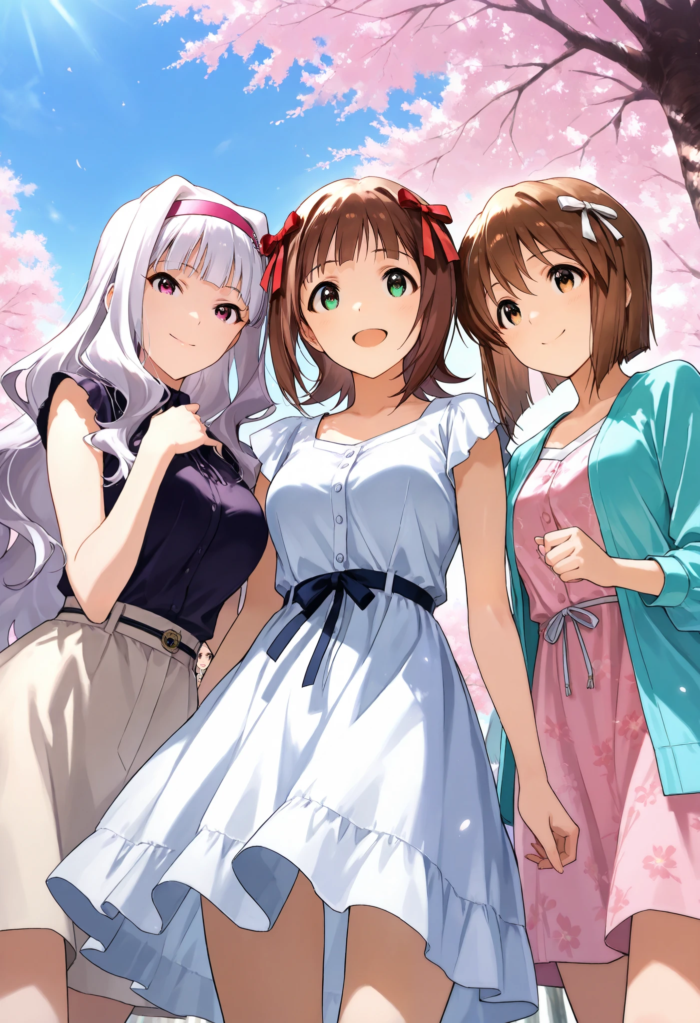 score_9 , score_8_up , score_7_up , source_anime ,(3 girls), Shijou Takane, white hair, long hair, purple eyes, Simple headband, BREAK, Hagiwara Yukiho, brown hair, short hair, brown eyes, BREAK, Amami Haruka, brown hair, short hair, Jade Eyes, BREAK, view audience, smile, Casual clothes, Under the cherry tree, view from below, blue sky