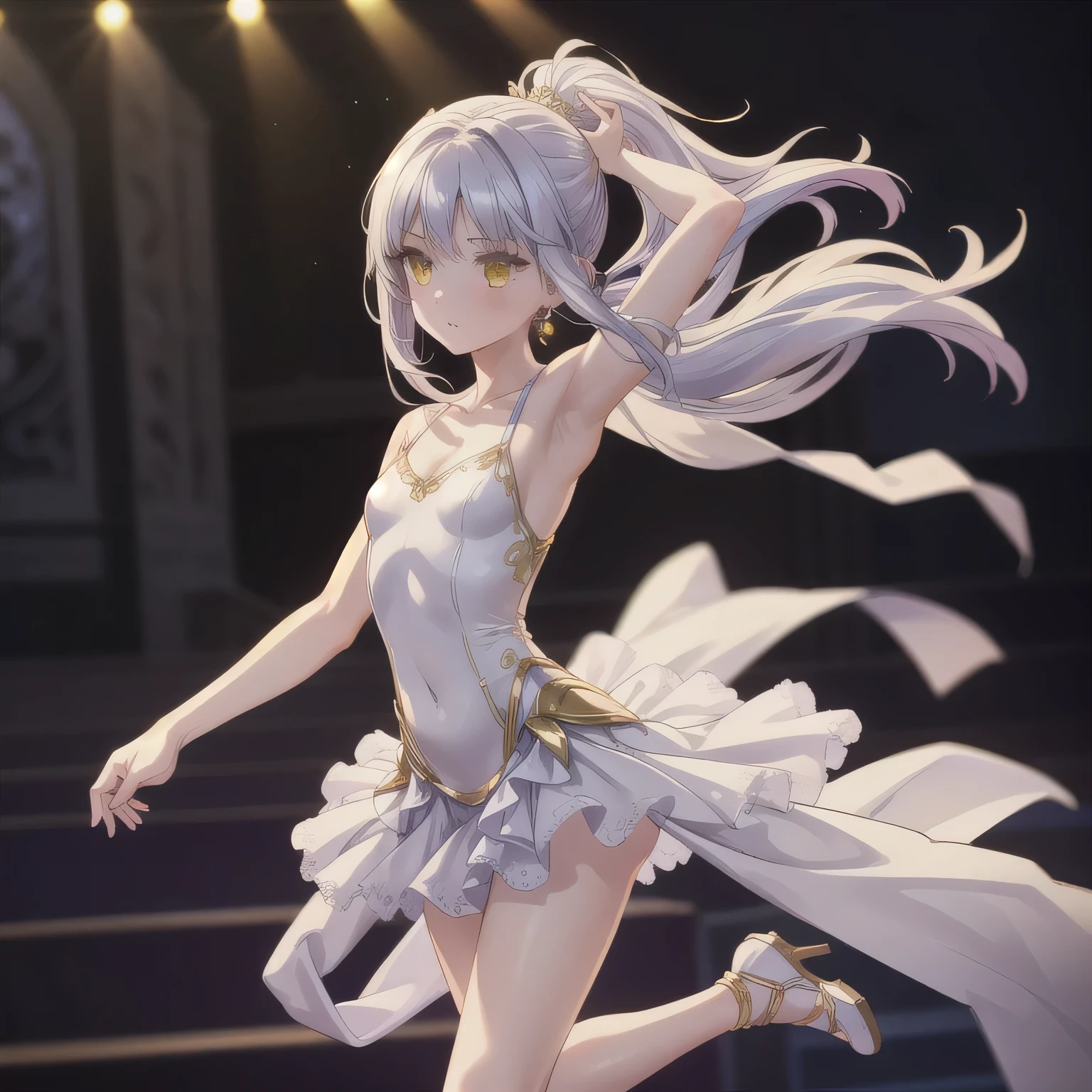 Depict a 20-year-old, exquisitely beautiful ballerina performing on a grand theater stage. She wears a delicate and intricately designed tutu, its soft fabric flowing with every movement. Her posture is impeccable, one leg extended in a perfect arabesque, arms poised elegantly. The warm stage lighting casts a golden glow, illuminating her delicate features and emphasizing the sheer grace of her dance. White hair, long hair, yellow eyes.
