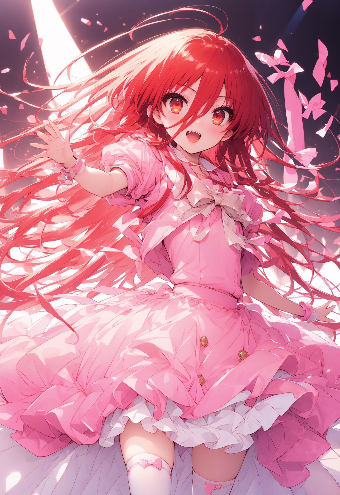 shana , very long hair, red hair, Red Eyes, stupid hair, small ,idol costume, dress,collared  dress,jacket,cropped jacket,Short sleeve,bowtie,bow,button, above Decorati has ,is standing,dancing,(white thigh knee-highs:1.2),boots,アイドル歌手がライブ ステージで熱狂的に歌うシーンのillustration,アイドル歌手が ステージ中央にis standing, idol singers sing with microphones , idol singers are serious and impressive ,The singer&#39;s voice is strong and beautiful. ,  fans gather around the stage ,   fans sing and dance with idol singers Idol singers who do things  ,The Big Picture, Various colored lights ,full bodyがillustrationに入るように,break indoors, concert venue,
break looking at viewer,full body,
break (masterpiece:1.2), best quality, high resolution, Unity 8k Wallpaper, (illustration:0.8), (beautiful detailed eyes:1.6), very detailed face,  so that it fits into the illustration, extremely detailed CG,full body写真, (perfect hand, perfect anatomy),