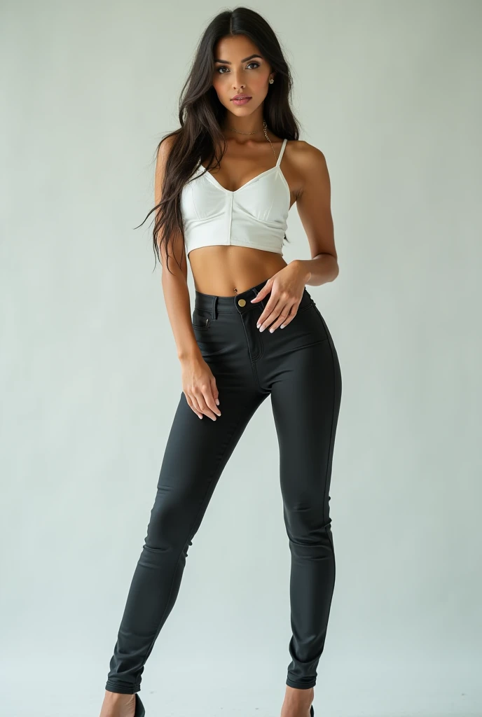 (Best Quality, Masterpiece, Photo realistic, Ultra Detailed, ultra high res, raw:1.3), 1girls, pretty, Japanese, smile, bangs, (big breasts),  (LowriseXL, LowwaistXL, groin:1.3), T-shirt, skinny pants, navel, (sneaker, beautiful legs, full body:1.2), main street, from below