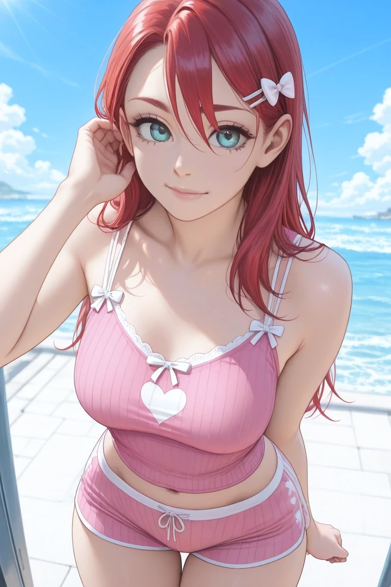 Persona 5 Art Style, Persona 5 Style, Kasumi Yoshizawa, Girl in Swimsuit, Full Length Portrait, High Quality, Ponytail, Small Breasts, Bangs, Smooth Thighs, Patsun, Top Quality, Ultra High Definition, Fine Eyes, Slender Legs, Fine Beautiful Eyes, 8K, White Bikini, Protruding Buttocks, Pink Hair