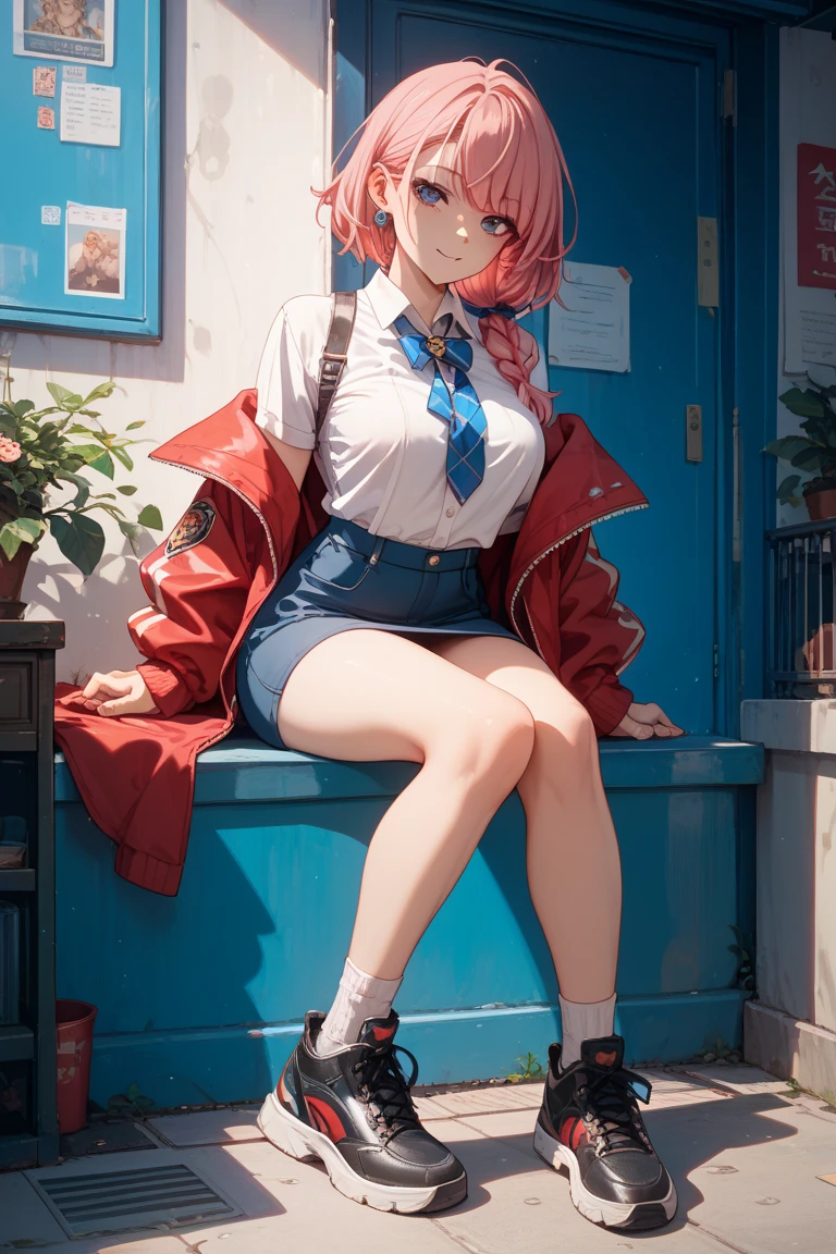A downer college girl with red hair and two buns、Red eyes, white shirt with bare belly and red jacket、Yellow tie shorts jeans、Black long socks、Dark blue boots