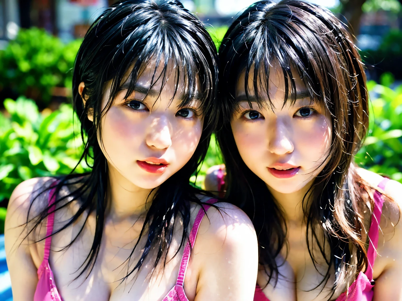 (extra detailed body、highly detailed face、highest quality:1.2)、identical twin sisters、looking at the viewer、(psychedelic、marbling、laughter)、(background lemon color:1.4)