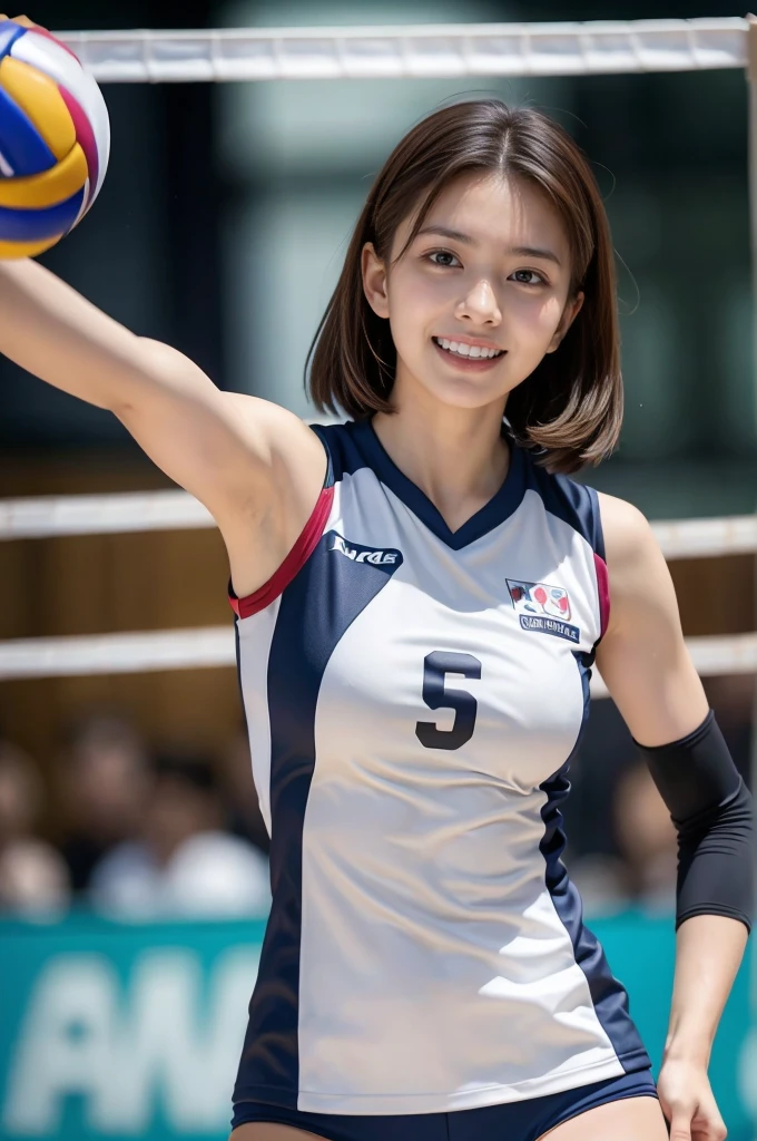 (realisitic, Photorealsitic:1.5), (top-quality:1.5), (超A high resolution:1.5), (masterpiece), hyper realisitic, Bright lighting from front:1.8, (japanes), (1a person:1.5), (40 years),(Volleyball game:1.5), (Sleeveless uniforms:1.5), (A big smile), (Double eyes), (Sauce order:1.5), (Thin makeup), (Bery short hair:1.5), (Straight hair), (brown haired), (Undersized breasts:1.5)
