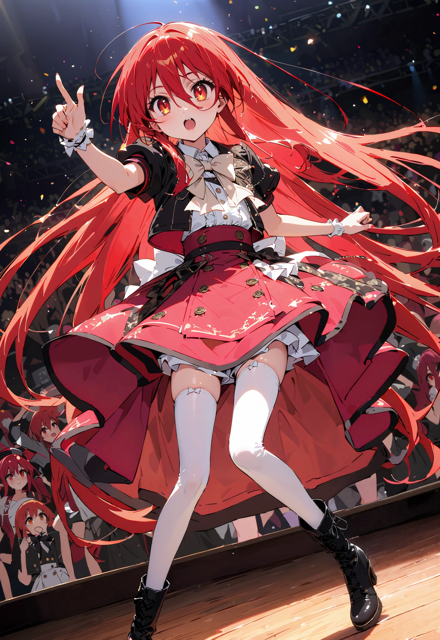 shana , very long hair, red hair, Red Eyes, stupid hair, small ,idol costume, dress,collared dress,jacket,cropped jacket,Short sleeve,bowtie,bow,button, above Decorati has ,is standing,dancing,(white thigh knee-highs:1.2),boots,アイドル歌手がライブ ステージで熱狂的に歌うシーンのillustration,アイドル歌手が ステージ中央にis standing, idol singers sing with microphones , idol singers are serious and impressive ,The singer's voice is strong and beautiful. , fans gather around the stage , fans sing and dance with idol singers Idol singers who do things ,The Big Picture, Various colored lights ,full bodyがillustrationに入るように,break indoors, concert venue,
break looking at viewer,full body,
break (masterpiece:1.2), best quality, high resolution, Unity 8k Wallpaper, (illustration:0.8), (beautiful detailed eyes:1.6), very detailed face, so that it fits into the illustration, extremely detailed CG,full body写真, (perfect hand, perfect anatomy),