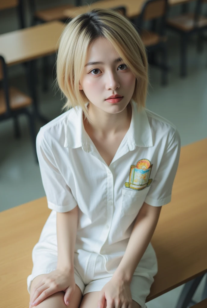 highest quality、Japanese、gal、uniform、high school girl、naked、blonde、short hair、habitual hair、dark pubic hair、Covered in semen、Insert the penis、small breasts、sweaty、orgasm、heavy breathing、classroom、shy
