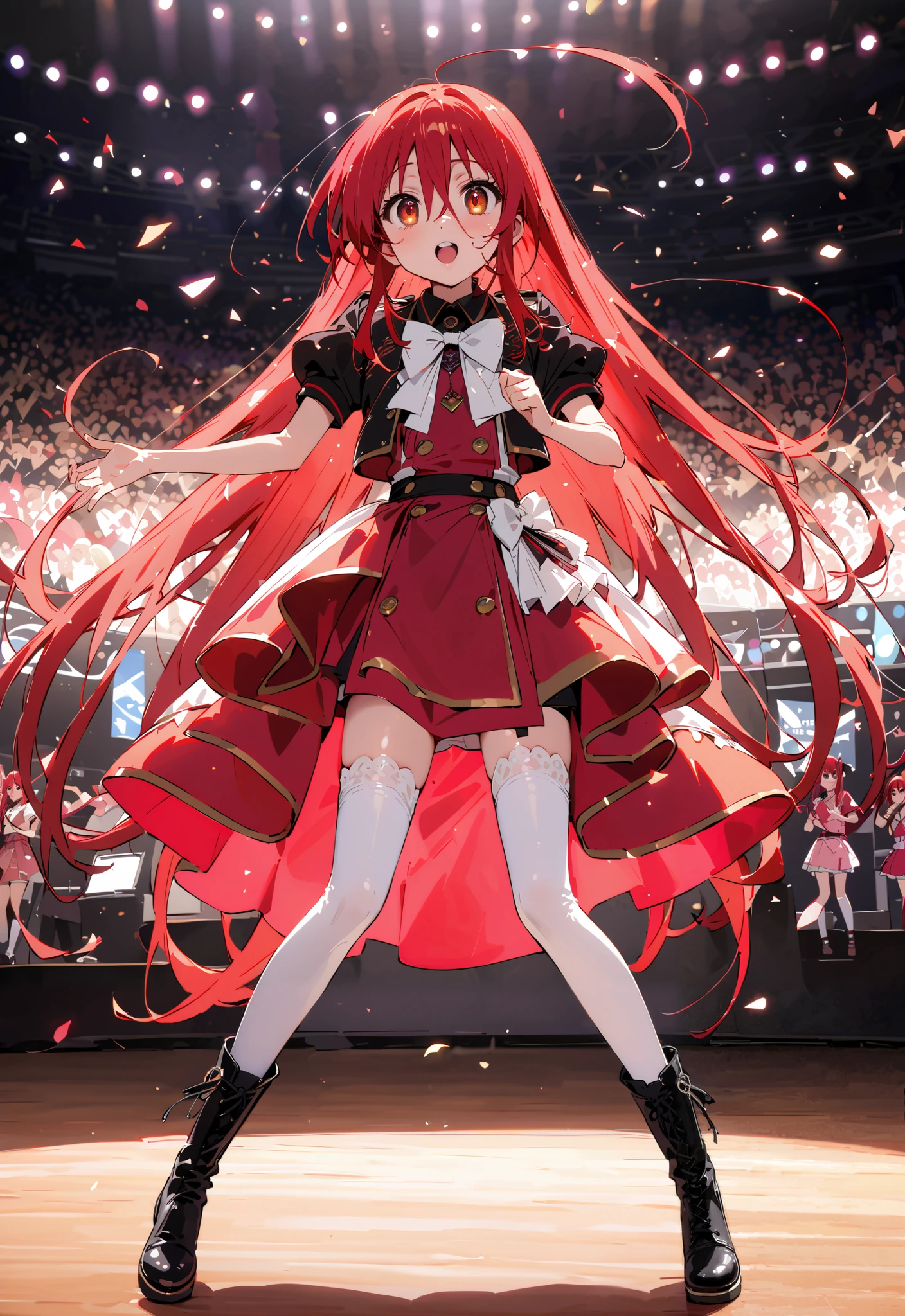 shana , very long hair, red hair, Red Eyes, stupid hair, small ,idol costume, dress,collared dress,jacket,cropped jacket,Short sleeve,bowtie,bow,button, above Decorati has ,is standing,dancing,(white thigh knee-highs:1.2),boots,アイドル歌手がライブ ステージで熱狂的に歌うシーンのillustration,アイドル歌手が ステージ中央にis standing, idol singers sing with microphones , idol singers are serious and impressive ,The singer's voice is strong and beautiful. , fans gather around the stage , fans sing and dance with idol singers Idol singers who do things ,The Big Picture, Various colored lights ,full bodyがillustrationに入るように,break indoors, concert venue,
break looking at viewer,full body,
break (masterpiece:1.2), best quality, high resolution, Unity 8k Wallpaper, (illustration:0.8), (beautiful detailed eyes:1.6), very detailed face, so that it fits into the illustration, extremely detailed CG,full body写真, (perfect hand, perfect anatomy),