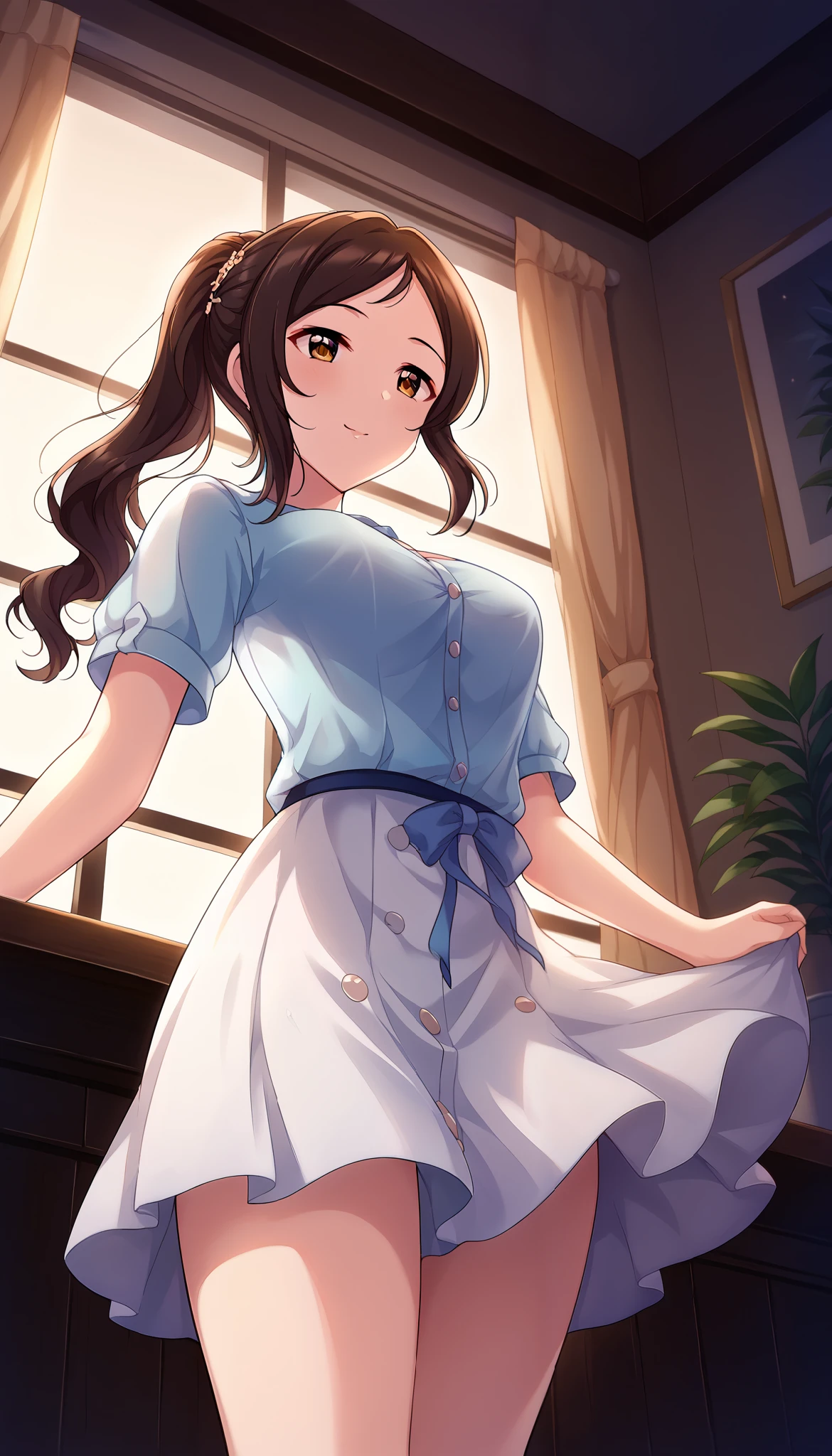 light blue shirt、white skirt、((low angle))、room、Ulchan-6500-v1.1, ( RAW photos :1.2), beautiful detailed, very detailed目 美しい目, beautiful eyes、Brown Eyes 、 file size is large, high resolution, very detailed, best quality, [masterpiece:1.6], Awareness-raising, very detailed, CG, finely, best quality, 8K wallpaper, perfect figure、Dynamic、very detailed、brown hair、ponytail、cover、Slim and beautiful thighs、Bare legs