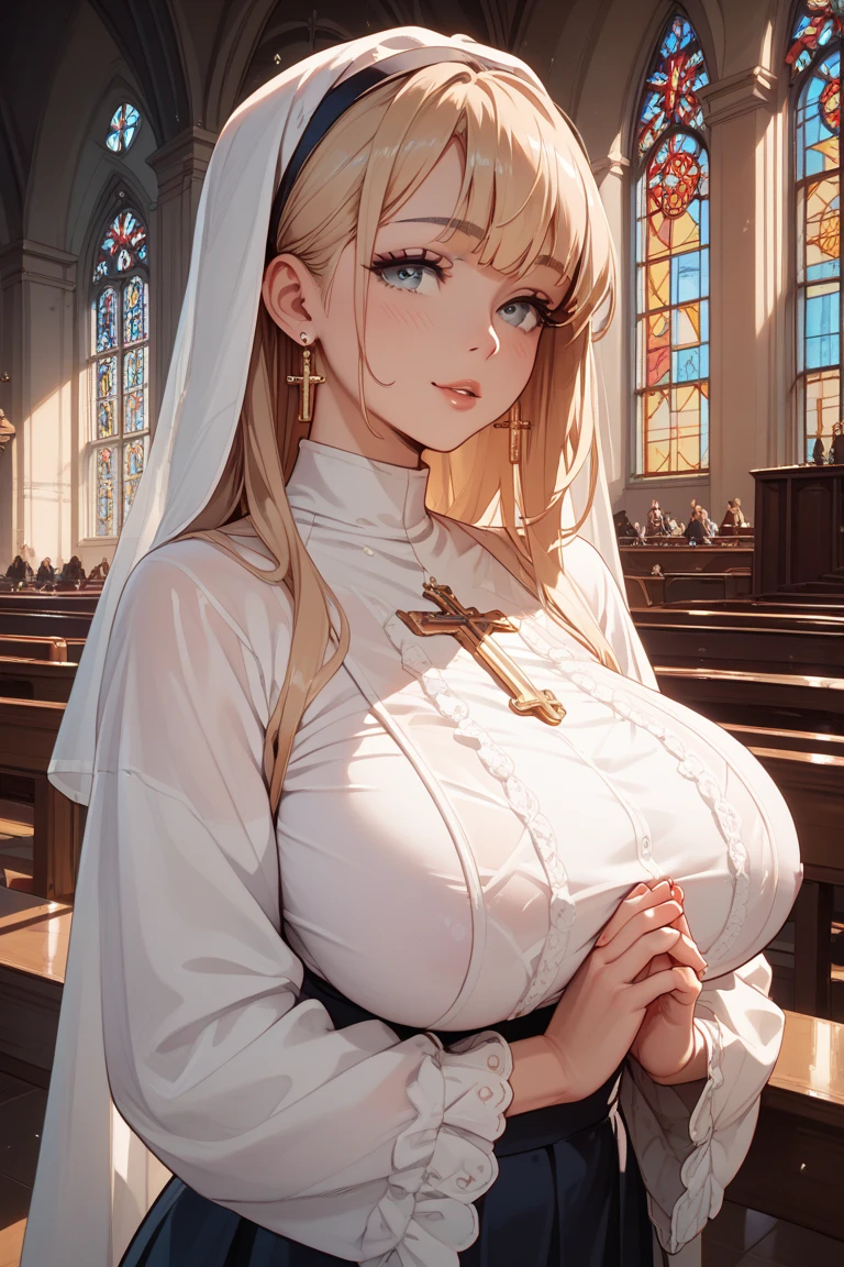 (masterpiece: 1.3), (Maximum resolution: 1.2), (Ultra HD TV: 1.2), Cinematic Light, 8K resolution, Detailed facial features , (Sharp focus: 1.2）, (Focus on the face:1.2),Perfect Style, Beautiful Face, Acura, Anatomically correct, Highly detailed face and skin texture, Beautiful Eyes,Beautiful Eyes, Thin eyebrows, Glitter Eyeliner: 1 Natural Cheeks, Glowing Skin, Fair skin: 1.2, (Glossy Lips: 1.4),、 (Embarrassed look: 1.2),Highly detailed face and skin texture, Natural Cheeks, , Glossy Lips: 1.4,Perfect Style、Cleavage、Soft Breasts、（Semen on chest:1.4）（Cum on thighs 1.2）、 Overflowing sperm、Dripping Semen、Drenched in sweat、Wet clothes、blush、A humiliating look、Anxious expression、Frightened expression、Embarrassed look、anger、sorrow、tears、Open your knees、Spread your legs、 White underwear、necklace、Disheveled clothes、White panties、sweating、Thin underwear、stockings、29-year-old、 clear, Mature Woman,1 person、 Upward-facing chest, church、Stained glass、Black Hair、blonde、Silver Hair、Blue-gray eyes、Greenish-gray eyes,(Nuns&#39;clothing:1.6)、Shortcuts、Full body portrait、