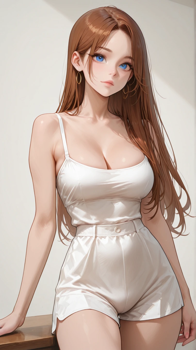 32k HDR, Realistic, Highest quality, High resolution, Facial lighting, Beautiful Eyes, Shiny Hair, Glossy Lips, Perfect Face, Shiny skin, Depth of written boundary) One Girl, 28 years old, Change of clothes, underwear, woman, puberty, Blushing, Landscape view, White Background, indoor, change room, Thighs, Full body image, Photographer takes photo from the front, masterpiece, masterpiece, anatomically correct, textured skin, high details
