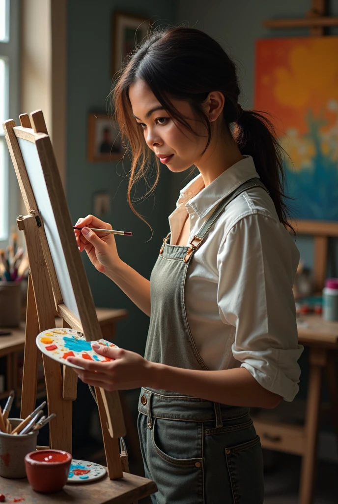 In a quiet studio where light pours in、A woman painting at an easel。She faces the canvas with a concentrated expression.、He is moving the paintbrush in his right hand.。The background of the atelier、There are shelves lined with completed works and paints.、It captures the atmosphere of her creative endeavors.。