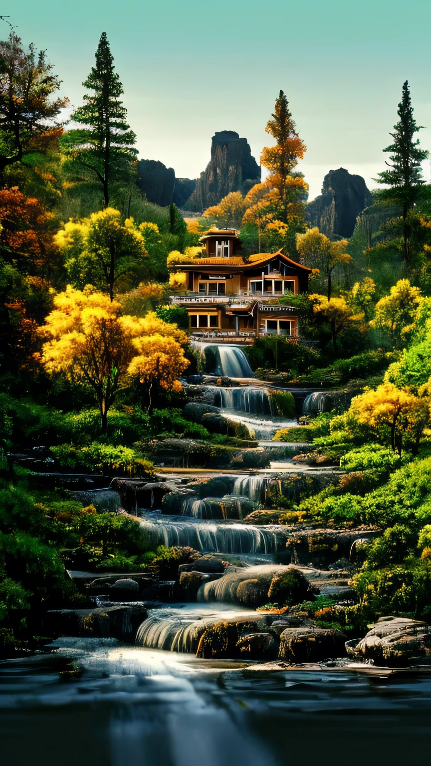 A painting depicting a breathtaking, descending down into the highlands., with a quaint house, towering on top of a steep cliff, strongly inspiring vertical wallpaper. This 4k and 8k masterpiece showcases the intricate details of the picturesque background., while the crystal clear waters of the waterfall are graceful flow down the mountain, creating a dramatic and aesthetic scene. Fine lines and textures accurately convey the, house with a matte finish, waterfall that emphasizes realism and the feeling of immersion. A quaint, in warm colors, blends harmoniously into the environment, decorated with beautiful gardens and smoke from chimneys, gently flowing into the cool mountain air