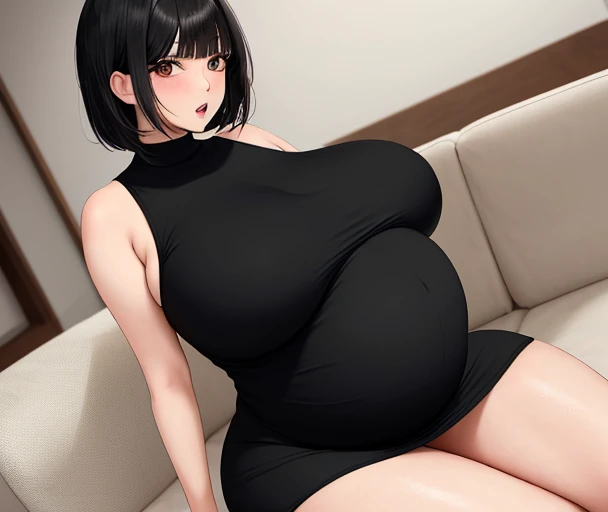Pregnant MILF, wide hips, thick thighs, black hair