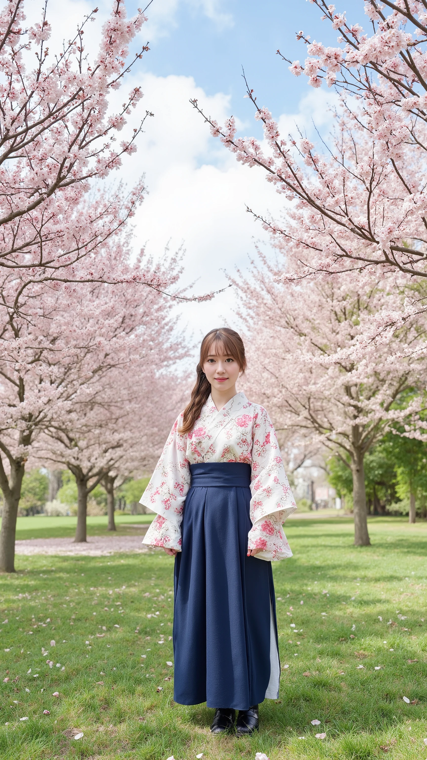 The high resolution photograph of a young Japanese female idol, intricate details, extremely detailed, sharp focus, natural soft lighting, solo, 1girl, (floral print kimono, indigo blue long hakama, black short boots), standing, facing up, looking up at the camera, (from below:1.4), pale skin, smiling, detailed face, detailed eyes, natural make-up, ponytail glossy brown hair, red hair ribbon barrette, outdoors, (large grass field, surrounded by cherry blossom trees), (cherry blossom petals falling:1.4), Taisho era, in 1920s. blue sky and clouds.