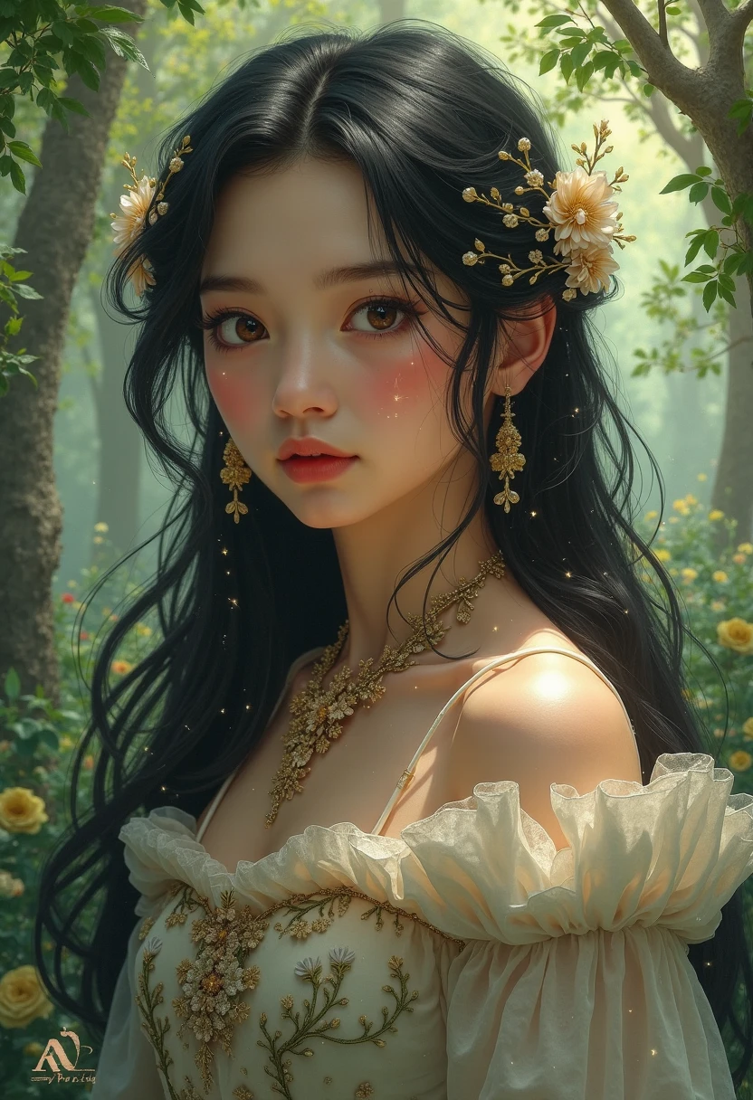 （MASTERPIECE）8K解像度、Beautiful girl loving flowers、Beige brown、long hair、Floral hair ornament on the head、Green eyes、adorable face、model style、Fantasy style、