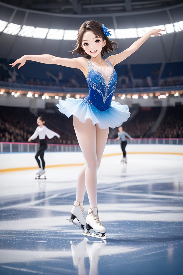 Realistic photo quality、20-year-old idol wearing a light gray-pink leotard,Elegant girl, Rhythmic gymnastics ribbon performance pose, White ribbon、Jumping、 cute japanese model、looking at the camera、A soft and gentle look、Elegant and beautiful、Cute Smile、Detailed and beautiful eyes、Relaxed facial expression