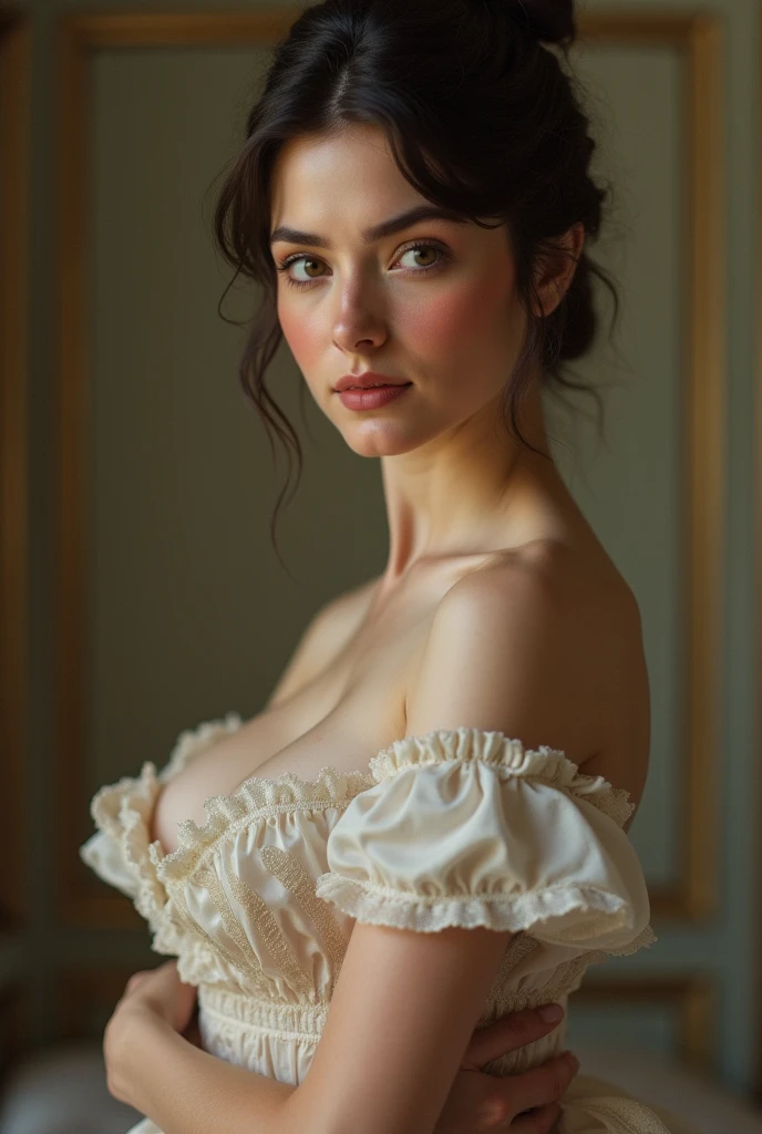 A Neoclassical portrait of a woman, inspired by the works of Jean-Auguste-Dominique Ingres. The lighting is soft and diffused, highlighting the womans features and the intricate details of her attire. The colors are muted and earthy, with a focus on whites, blacks, and blues.