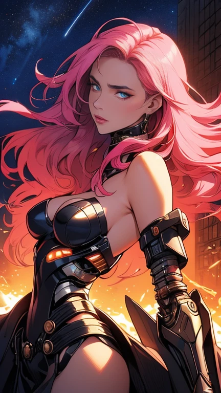 1girl, cyberpunk, dramatic shadows, neon lighting, glowing red eyes, evil smile, toned, long wavy hair, large breasts, cropped jacket, tube top, shorts, harness, mechanical arms, cyborg, upper body, close-up, 8k, dynamic angle, very aesthetic, best quality,