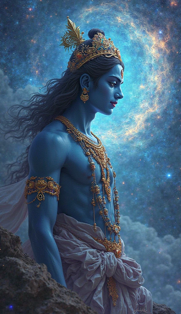 Bhagavan shree krishn man , on head peacock feather, background gode hie lite ,blue colour body,planet background, looking earth, one hand god lite blessing,cloth god's