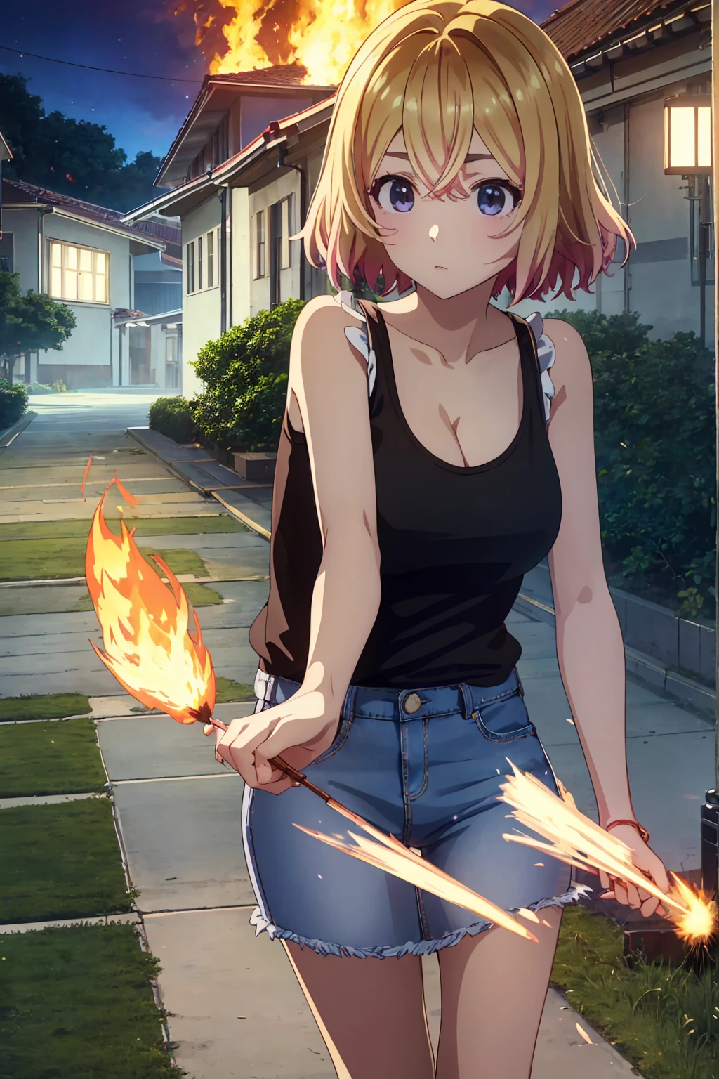 masterpiece, Highest quality anime illustrations, Super detailed,ultra high resolution、perfect lighting single girls, alone, Blonde、medium hair, anime , view at viewer, cleavage in years、 black tank top、 sexy short denim skirt holding an ignited matchstick、at night、Old folk house entrance 、I have an ignited lighter、Building on fire、Big flames
