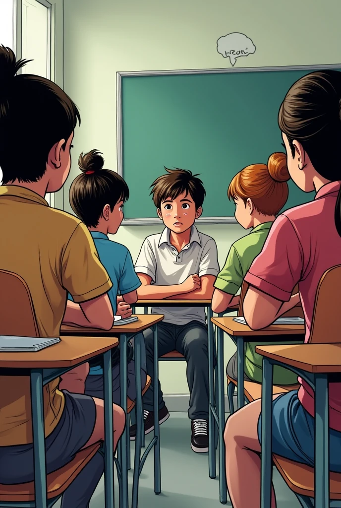jhonny is sitting beside his classmates asking about the lessons inside their classroom,make it looks like a comic panel without dialogue
