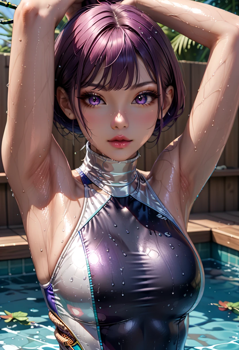 8K、top-quality、Masterpiece、An ultra-high picture quality、ultra-detailliert、Super beautiful、Ultra-detailed hair quality、Beautiful anime illustrations、full bodyesbian、Bewitching look、water gun、Paleo swimwear、Beautuful Women、poneyTail、Blue eyes、shinny skin、Bursting chest、shinny skin 、Background is the pool at night --auto --s2
