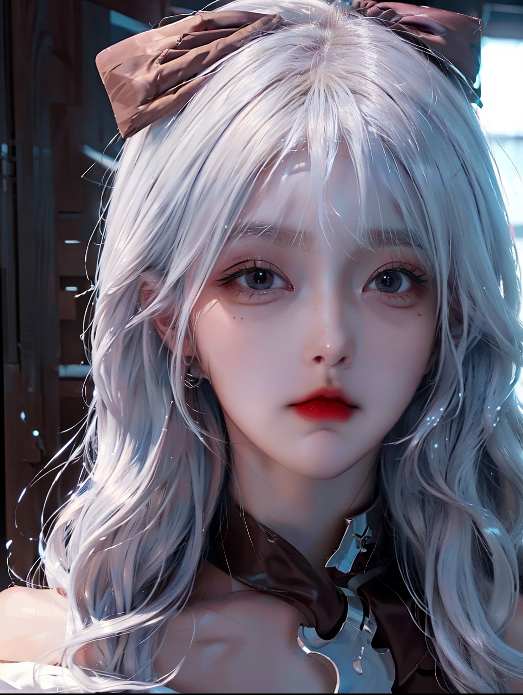 (Masterpieces:1.1), (Details:1.1), ((1Girls)), (8k), medium chest, Anime Girl with long silver hair, Perfect Platinum Hair Girl, seductive Anime Girl , Platinum White Hair Girl, beautiful Anime Girl , realistic anime , realistic young Anime Girl , Hyper-Realistic Anime, Realistic 3D Anime Style, attractive Anime Girl , Slender anime cg images, Anime Girl , Beautiful Anime Women , silver haired, ( Dark Brown), (Red bow), (Cute appearance), rosy cheeks, (Details face), (Details eyes), (Looks like Cinestria Arena of Valor), (Cinestria from Arena of Valor), ( Pretty Face), full body shots, White skin , ( blue left eye), (Brown right eye )