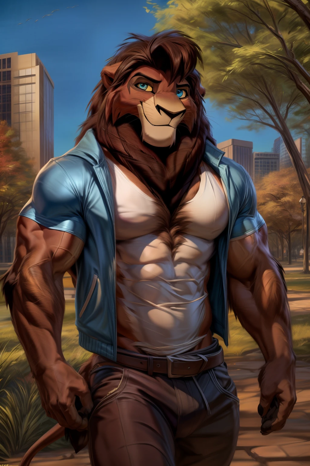 ((By Chunie)), ((By Zaush)) ((By Darkgem)), ((By Anhes)), Handsome, cute, sexy, hot male anthro furry ((Lion)), ((Kovu from The Lion King)), male, canine, male Lion at a park, muscles, medium build, park, public park, wearing clothes, clothing, Lion tail, Lion fur, smiling, smiling at viewers, looking at viewers, buff body, buff muscles, sexy body, sexy male, athletic body, detailed, detailed fur, detailed eyes, detailed shading, detailed lighting, detailed background, detailed features, perfect, perfect fur, perfect eyes, perfect shading, perfect lighting, perfect background, perfect features, clothing, t-shirt, jacket, pants, park, blue sky, morning, grass, city, city park, nice hair, hair tuft, attractive, attractive male, ((SFW)).
