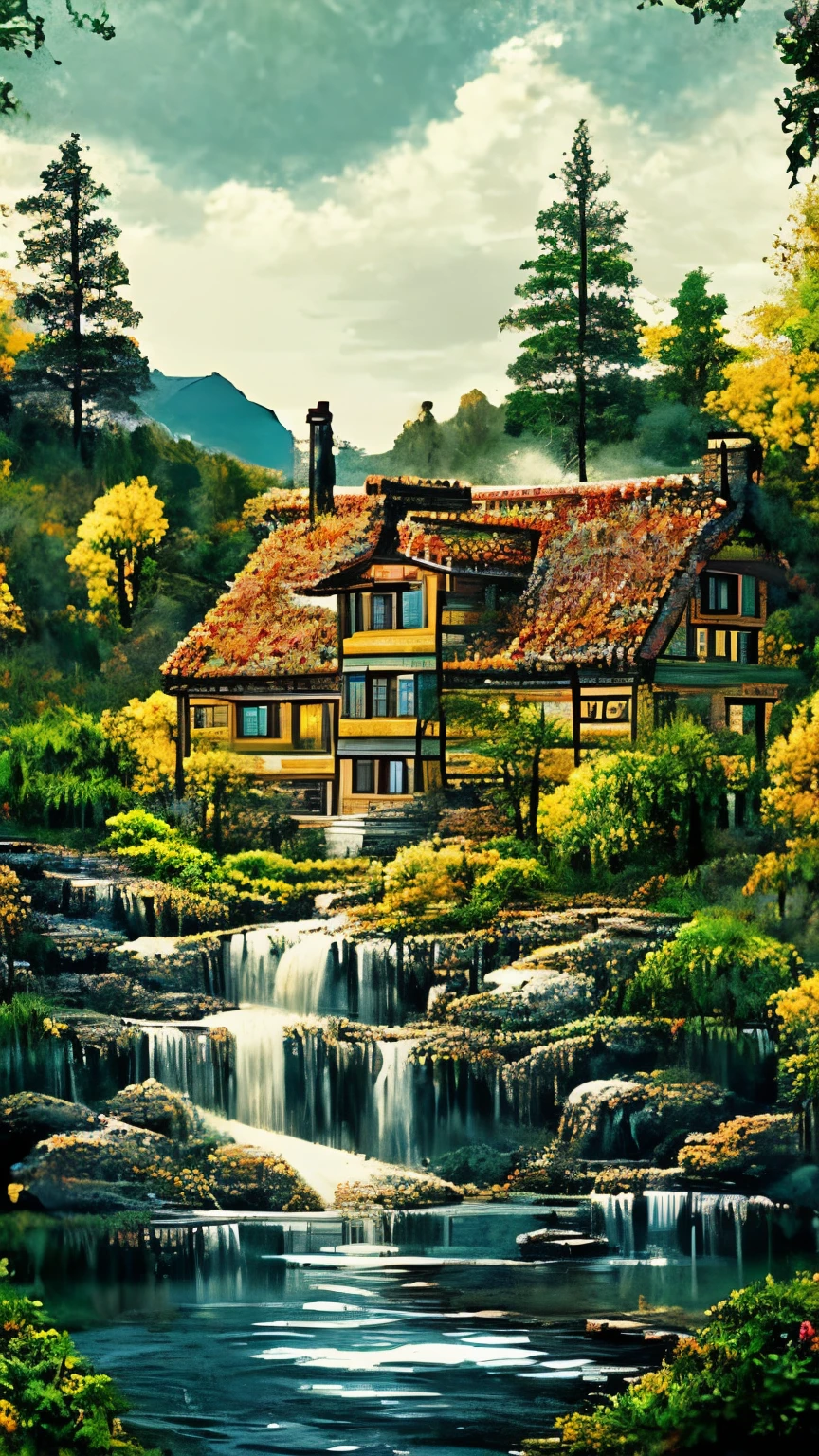 A painting depicting a breathtaking, descending down into the highlands., with a quaint house, towering on top of a steep cliff, strongly inspiring vertical wallpaper. This 4k and 8k masterpiece showcases the intricate details of the picturesque background., while the crystal clear waters of the waterfall are graceful flow down the mountain, creating a dramatic and aesthetic scene. Fine lines and textures accurately convey the, house with a matte finish, waterfall that emphasizes realism and the feeling of immersion. A quaint, in warm colors, blends harmoniously into the environment, decorated with beautiful gardens and smoke from chimneys, gently flowing into the cool mountain air