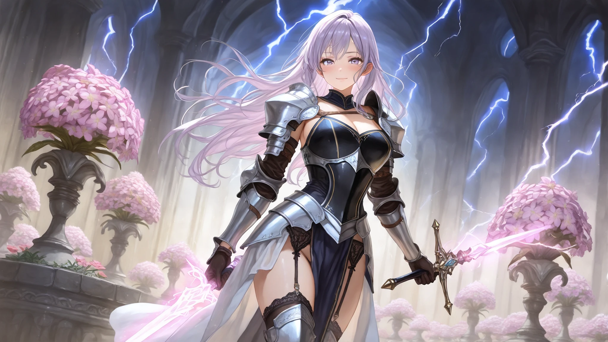 highest quality、complete limbs、full finger、(((1 woman)))、((Woman with purple hair))、((medium hair woman))、ponytail、Beauty busty woman:1.3、(((female knight:1.5)))、(((full armor:1.5)))、(((purple high neck leotard:1.5)))、(((woman wearing brown tights:1.3)))、castle town