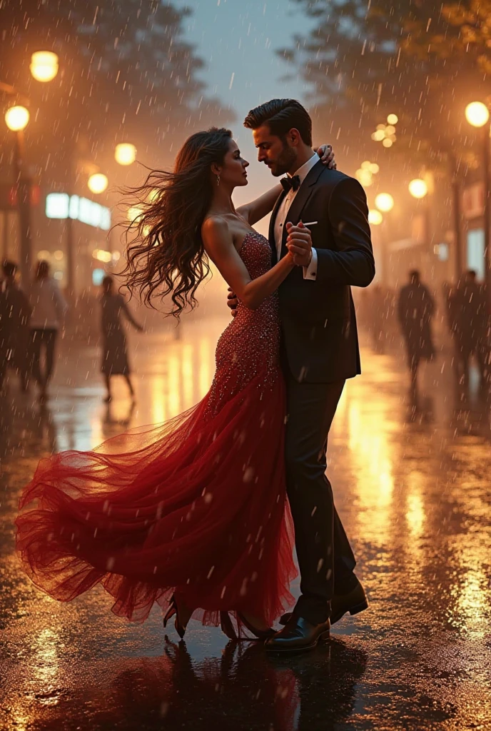 Dancing the tango men and women, Concentrated heavy rain、Guerrilla rainstorm、Metropolis、man facing forward, Woman turning away from the viewer, Dancing the tango, The woman is wearing a long, tight purple dress, A small star shines in the dark blue sky, Detailed facial features, Beautiful dress, Formal attire, Dramatic lighting, Warm color palette, high quality, Floods and inundation、Rain feet、Unprecedented heavy rain、Ultra-high-speed photography、
