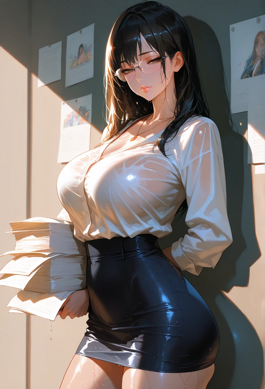 (best quality:1.5, highres, UHD, 4K, detailed lighting, shaders), hair, gradient hair, large breasts, transparent suit, transparent shirt, transparent social shirt, short skirt, mature woman , (pov), white background, colorful eyeshadow, dramatic lighting, sparkling eyepression, golden earrings, flowing hair, delicate facial features, dark skin, high cheekbones, raining,  setting,sitting, white background, dont look for the camera, full body.