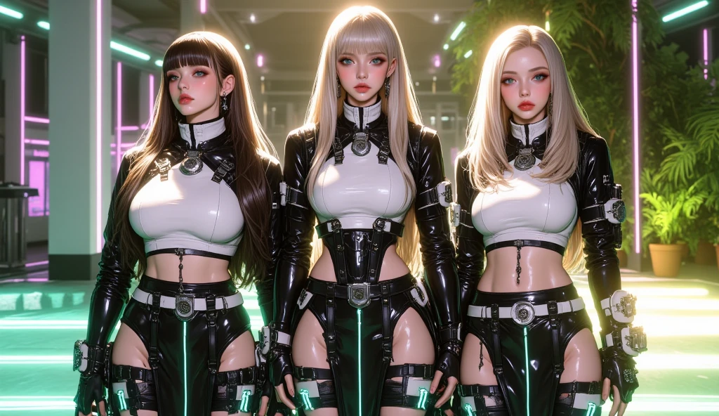 Galactic Federation female agent, two sexy young women, mini dress, black latex