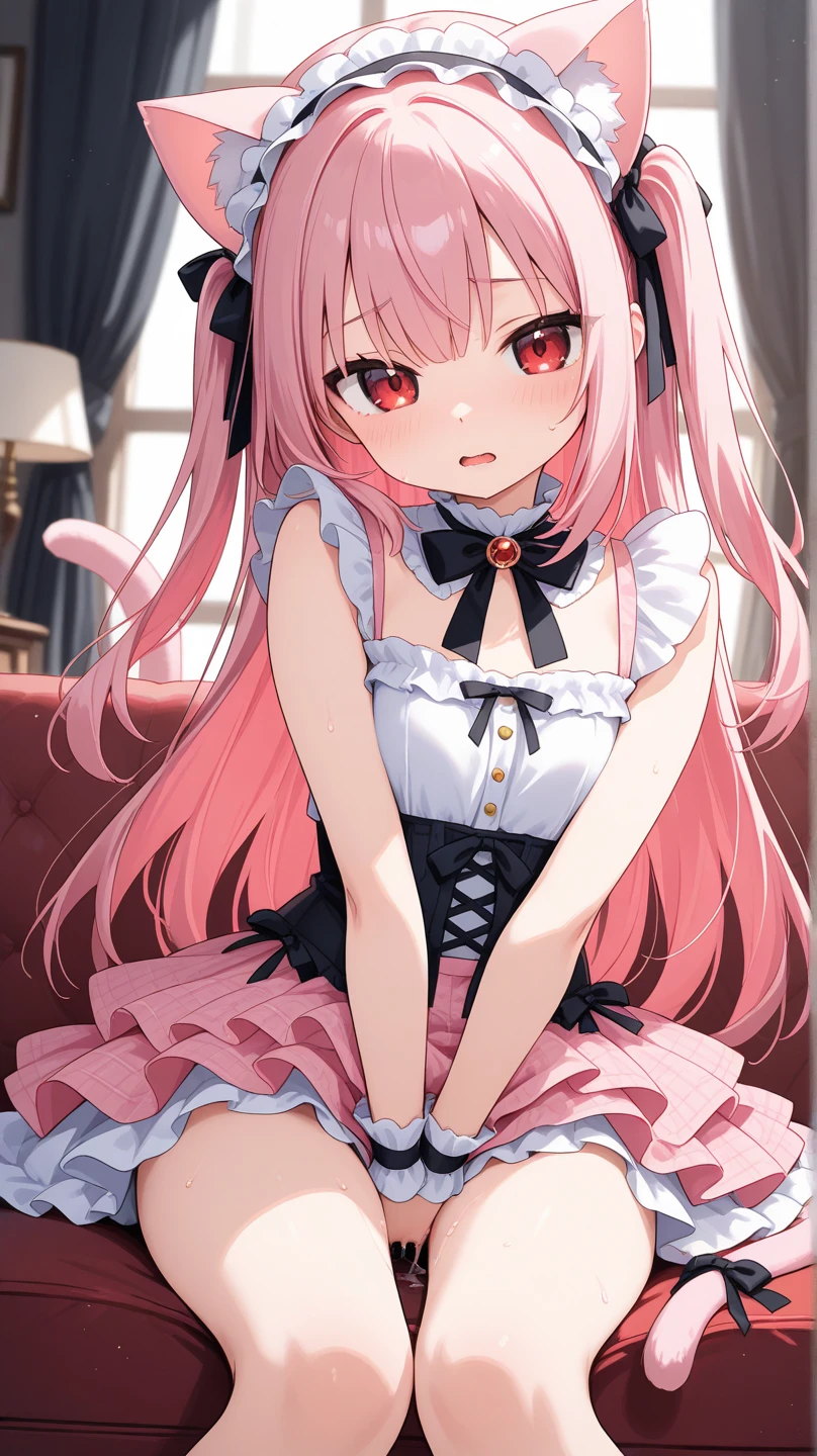 Highest quality、Shiny silk short sleeve puff sleeve pink maid outfit、See-through、Very short skirt、Fluffy red ribbon、A short white ruffled apron、White garter belt with ribbon、Pink high heels with ribbon、Large headband with ribbon、Flushed Cheeks、Embarrassed look、Soaking wet、Strong winds、Overreaching、Facing forward、Looking up from below