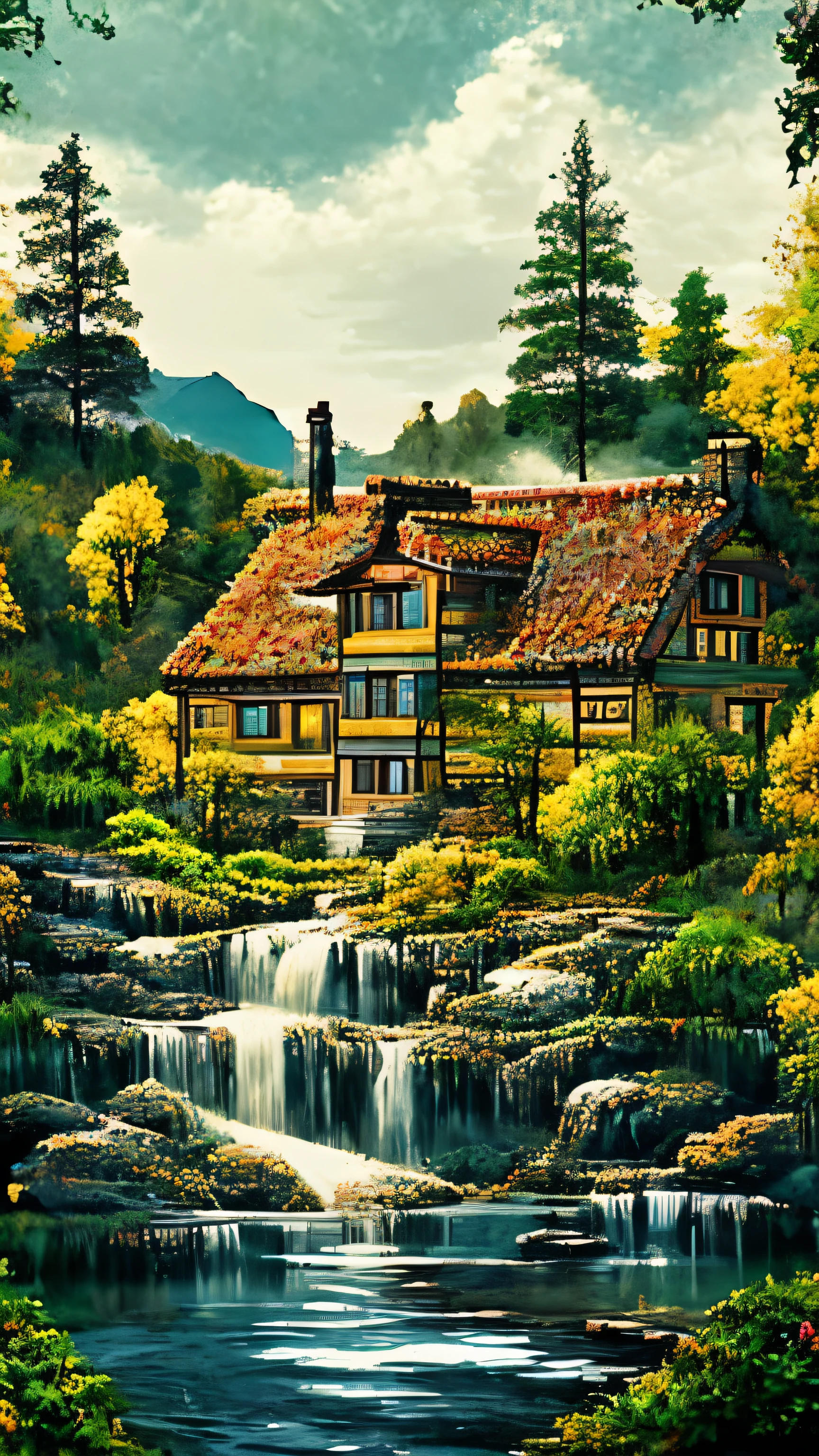 A painting depicting a breathtaking, descending down into the highlands., with a quaint house, towering on top of a steep cliff, strongly inspiring vertical wallpaper. This 4k and 8k masterpiece showcases the intricate details of the picturesque background., while the crystal clear waters of the waterfall are graceful flow down the mountain, creating a dramatic and aesthetic scene. Fine lines and textures accurately convey the, house with a matte finish, waterfall that emphasizes realism and the feeling of immersion. A quaint, in warm colors, blends harmoniously into the environment, decorated with beautiful gardens and smoke from chimneys, gently flowing into the cool mountain air
