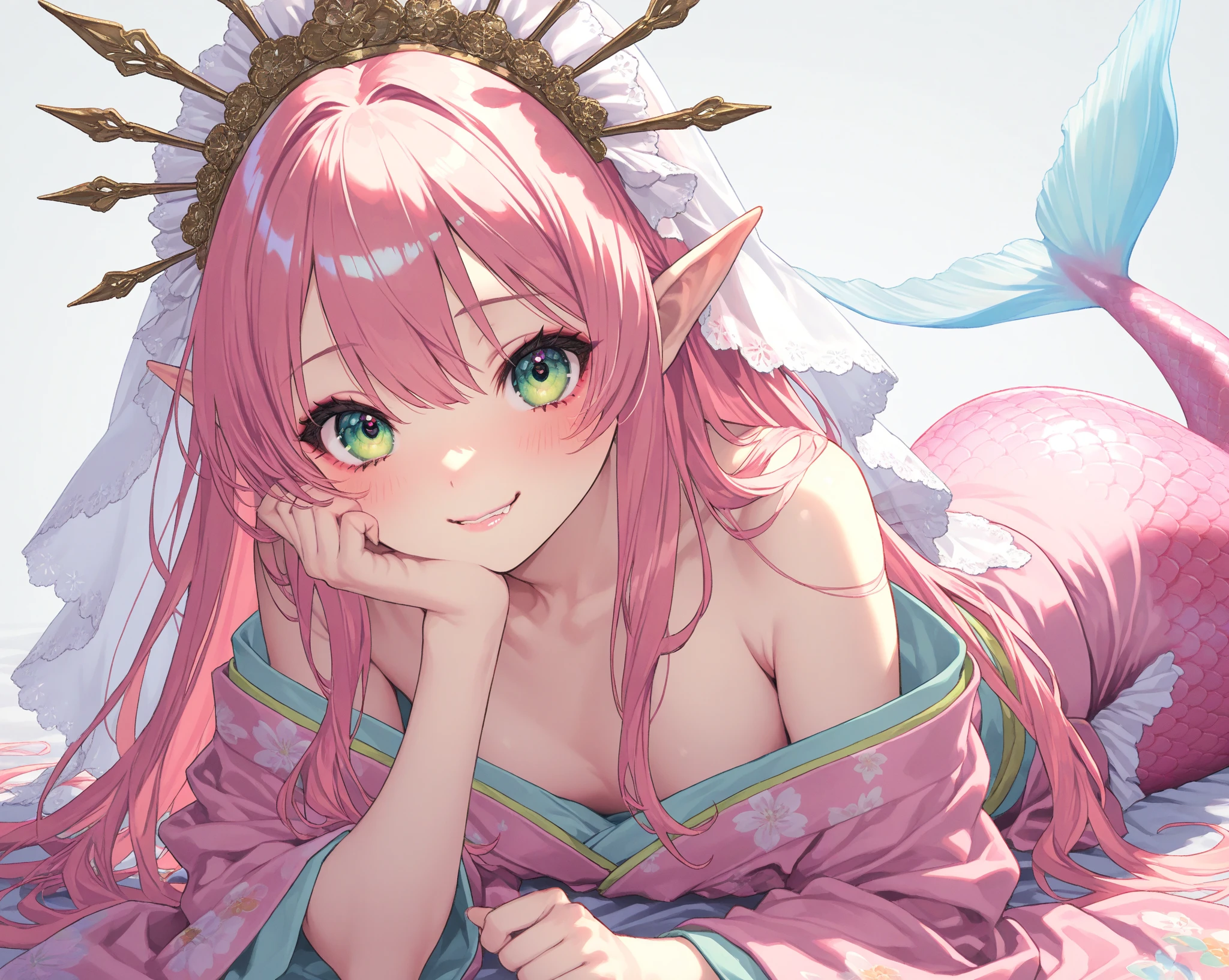 Convert your flower art into illustration.、Create backgrounds with vibrant colors and unique touches　The type of flower is statice、Gypsophila、sweet pea、Mix in some lace flowers, big breasts, cleavage, pink hair, green eyes, (green highlights), green braids, sitting, sexy pose, thick thighs, thigh highs, arms behind back, 