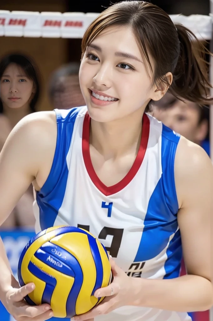 8K,Volleyball player、A Japanese Lady、Japan Team、Smile full of happiness、((Looks happy:1.3))、Panting face、Lacking、Sweating、Expression in a state of excitement、short-hair、eye glass、8K,Volleyball player、A Japanese Lady、Japan Team
