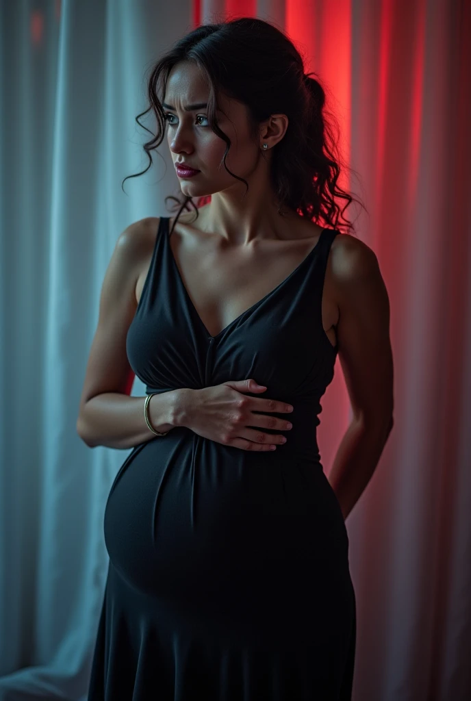 A stunning profile portrait of Maleficent pregnant in her dungeon, ornate background, nine months pregnant, giving birth, she is almost entirely naked, nude, in her 30s, emphasis on her horns, purple highlights, purple reflected light, in the nude, young and beautiful, hyper realistic, real portrait, backlit, exquisite features, cleavage, sexy, seductive, unnatural light, soft light, location is the interior of a dungeon, green light, eerie, purple highlights:1.4, she is smirking, she is busty, her chin is raised, looking down at viewer, low angle shot, exquisite features, exotic, high cheekbones, (((show her full horns)))