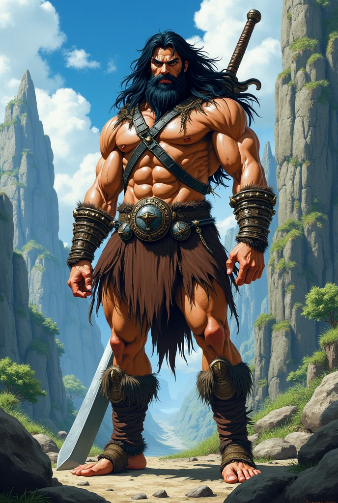 Muscular barbarian, upper body unclothed, legs uncovered from thighs to feet, flowing long curls, detailed muscular physique, lifelike representation, 4K resolution. Background: Wild untamed wilderness with rugged mountains,32k uhd, best quality, masterpiece, super detail, high details