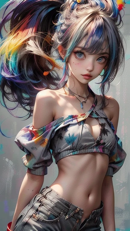 1.5),(1 girl),(Dynamic Pose),(multicolored hair+Silver hair:1.3+Red hair:1.2+Purple hair+Yellow hair:1.3+Green hair:1.3),(Blue eyes),(Neck ribbon),(floating),(cloud),(Too many drops of water),(Twilight),(watercolor paiting),(Wide Shot),fullnude,