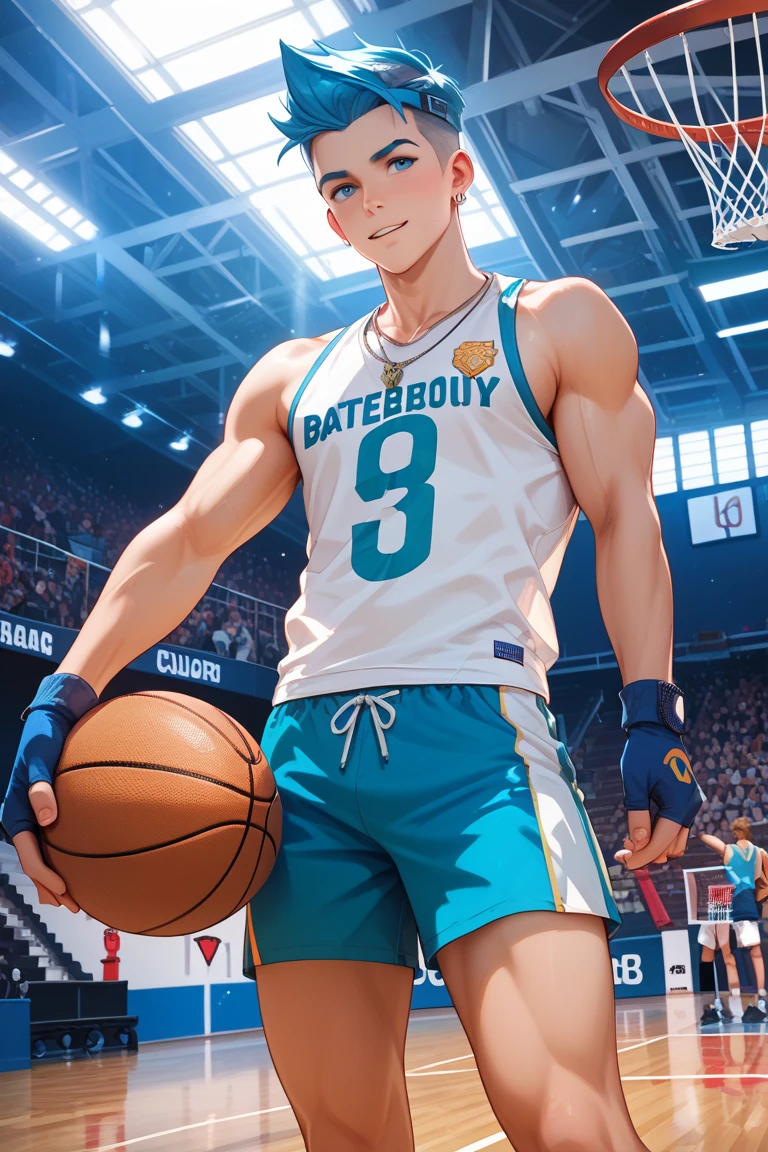 (masterpiece,best quality,H),1 person,nude男孩,Very shy,My face turned red,Shy,muscular,Delicateeyes,nude,(nude),blue eyes,Shirtless,Full body,Blue purple short hair,(fluorescent lamp),(a color),((Blue Background)),Basketball shorts,White socks,