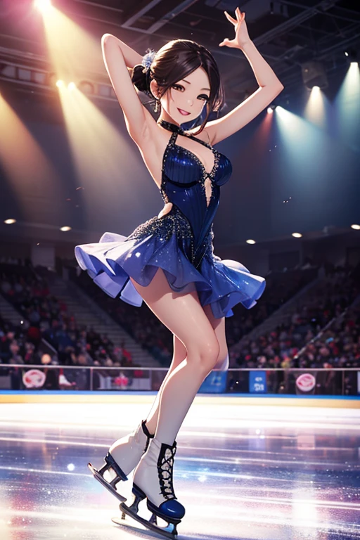 (((masterpiece))), (((best quality))), (((from side))), (((figure skating))), ((dancing on grand ice skating exhibition)), (raise shoe), black red bling decorate lace dress, sleeves, cinematic light, countless crowd, wind, night, solo, 1girl, smile, cleavage, ((big tits)), collarbone, sweat, ribbon, black updo hair, rosy lips, shy, blush, slim figure,<lora:girllikefigureskating:0.8>