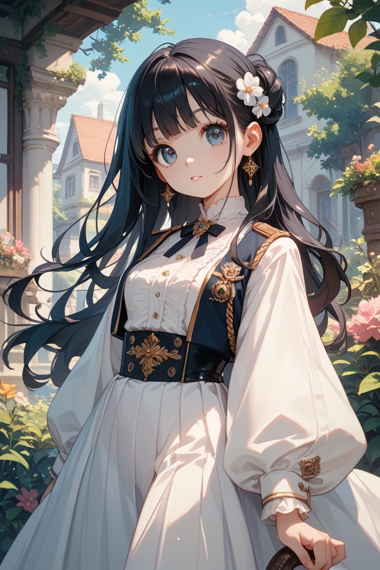 tmasterpiece,Highest image quality,super detailing,A high resolution,high saturated,Lighting effects,and the sun was shining brightly,garden with colorful flowers。,Antique characters,Faraway view。one-girl,The face is delicate,There are big eyes of God,Black hair,Details coiled,long braid,Black eyelashes,Look up,DOA ,Creative long dress。