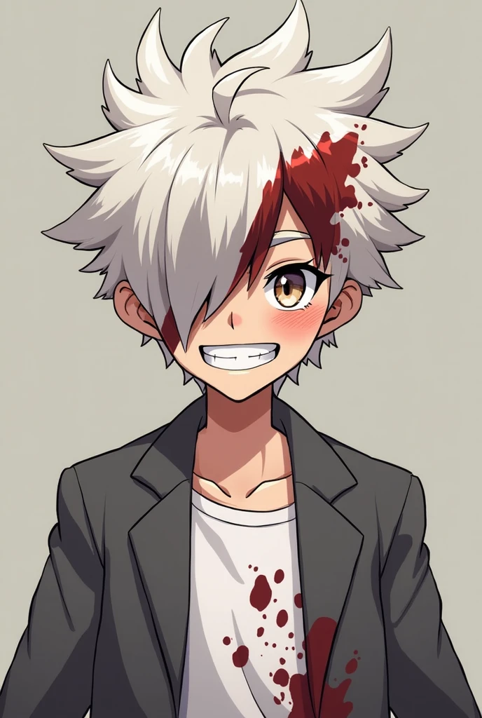 boy, pale skin, Bloody eyes, Blood from the eyes, white hair with long bangs, rumpled white shirt, green polka dot tie, A sinister smile, His clothes and hair are stained with blood, danganronpa sprite style