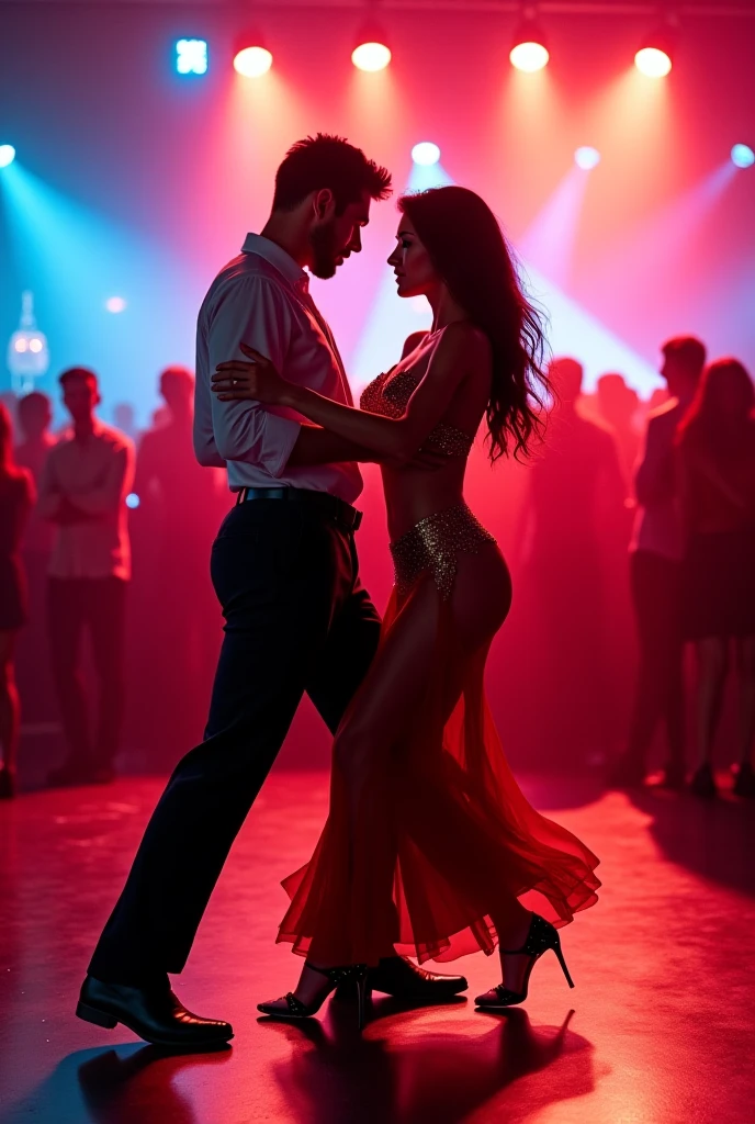 Magnificent detail, 8K Photos, hyper- realism, realistic background, visual depth, wide angle lens, professional light. Several couples dancing together, in a sensual way, at a liberal swing style party. There is a pole dance bar in the middle of the dance floor. Men wear formal sportswear. And women wear sexy dresses with extravagant cuts, elegant. Some women only wear sexy lace lingerie.