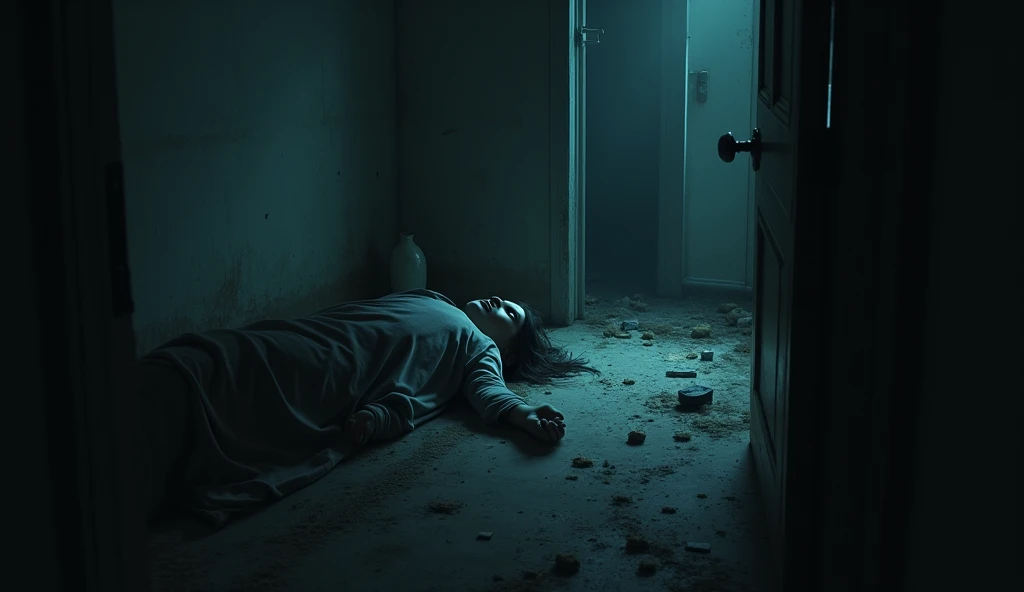 Environment: Factory interior, second floor with dim lights and deep shadows. Visual Details: Empty and gloomy corridors, with broken windows letting in natural light. Victim's body covered by a white sheet. Floor covered in debris and a piece of broken glass near the body. Clara: Crouching down next to the body, examining the symbol on the victim's neck.