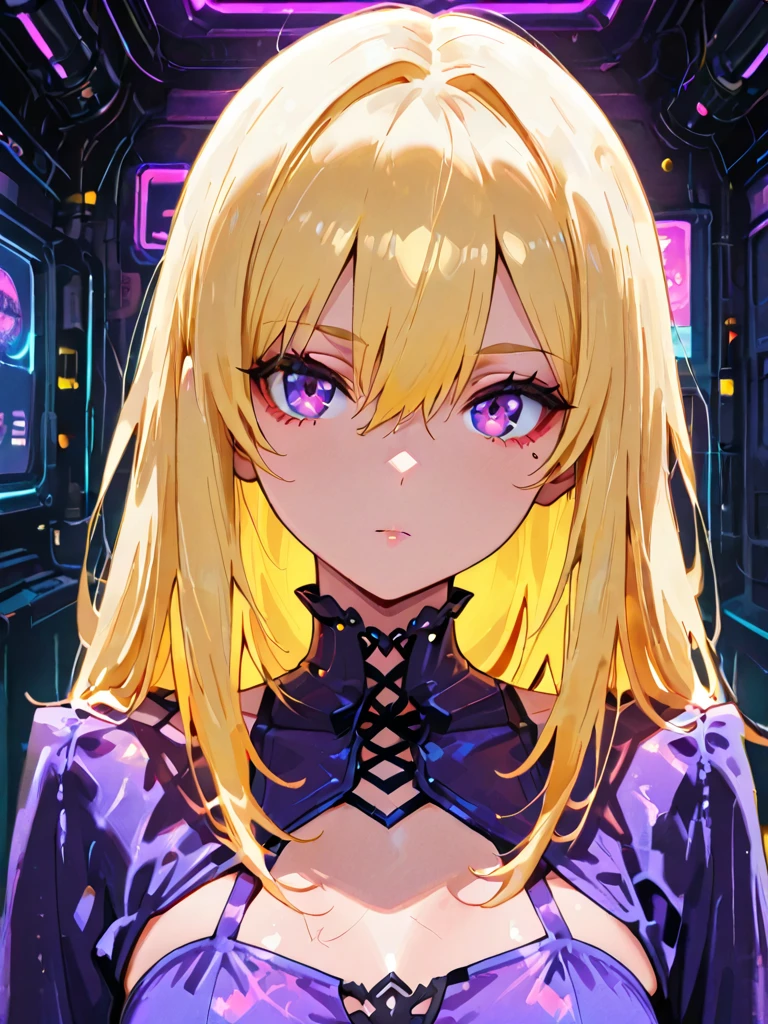 Anime young woman, blonde hair, fringe reparted in three parts, long and waivy hair, light and bright blue eyes, black simple and cute clothes, volumous chest, neon city background, neon lighting